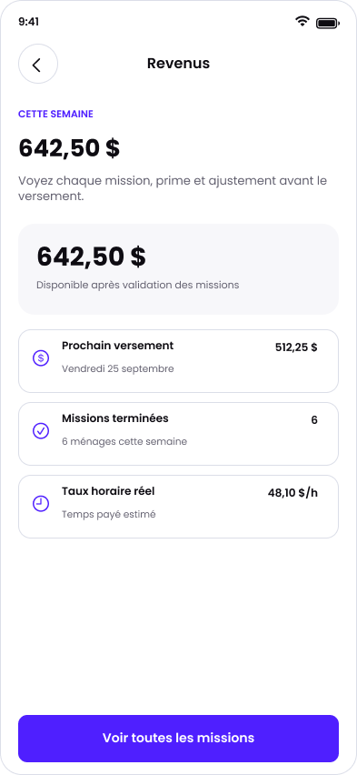 Écran Sweeple Cleaner pour consulter les gains estimés et le détail des missions.