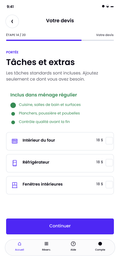 Écran Sweeple : personnaliser les tâches et les extras de son ménage.