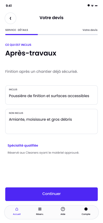 Écran Sweeple Après-travaux : poussière de finition et surfaces accessibles, exclusions et qualification du Cleaner.