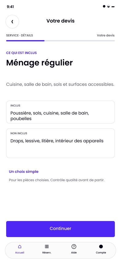 Écran Sweeple : les inclusions du ménage régulier.